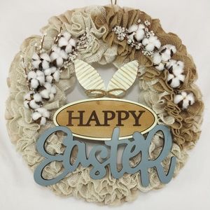 Handmade Holiday - Happy Easter Burlap Cotton Welcome Wreath Handmade Holiday - Happy Easter Burlap Cotton Welcome Wreath